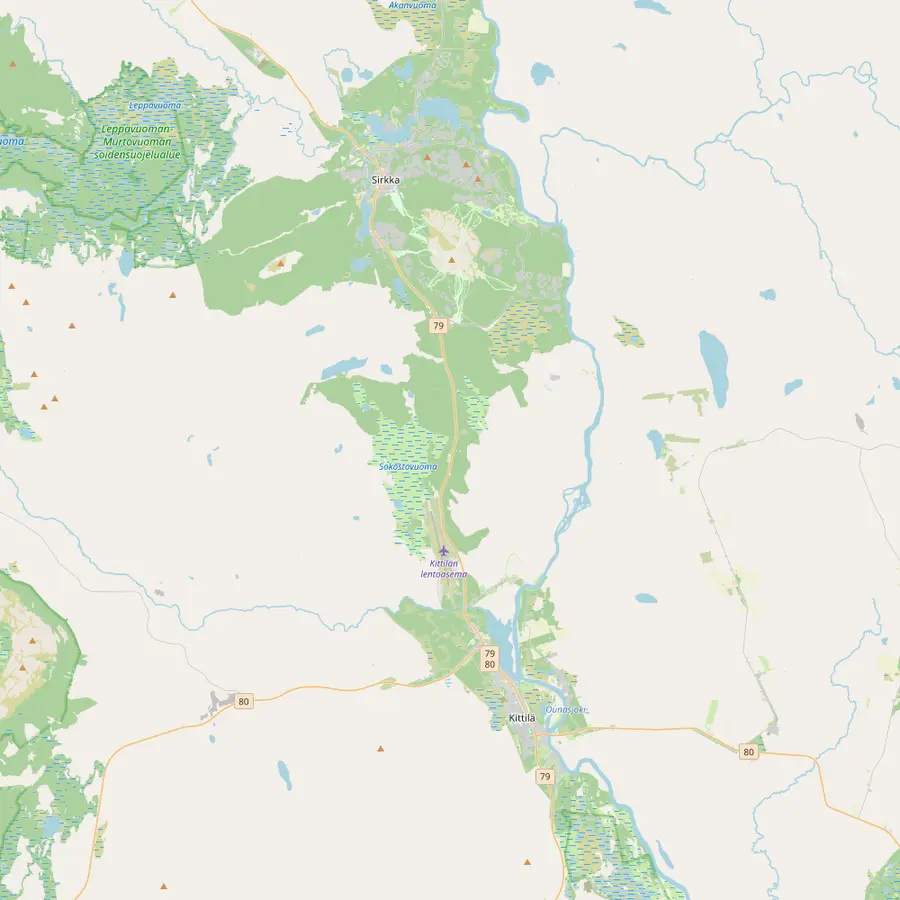 Map of the area from Levi south to Kittilä Airport and the village of Kittilä with its ice hall