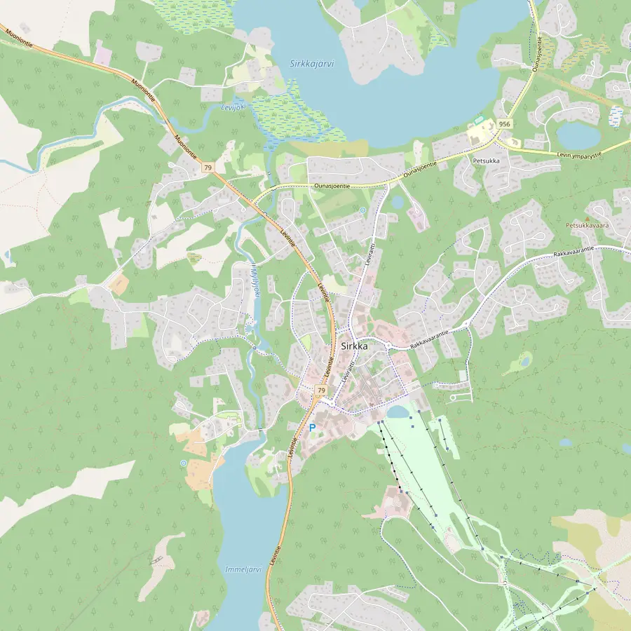 Street map of Levi village with the Tourist Office on Myllyjoentie, Zero Point at the Front Slopes, Lake Immeljärvi to the south and Lake Sirkkajärvi to the north